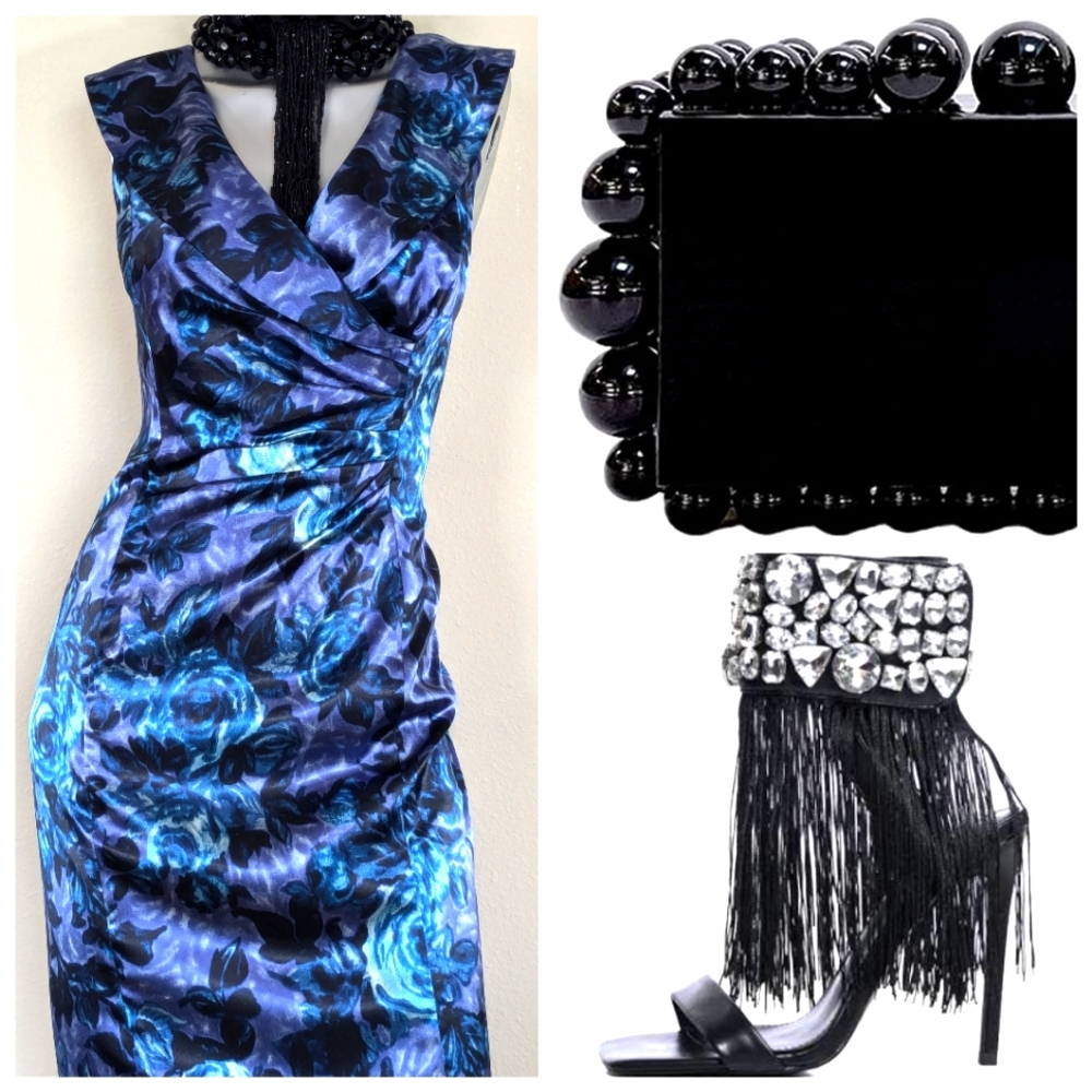 ReTro Floral Academia Vibrant Evening Cocktail Ruching Sleeveless Midi Dress